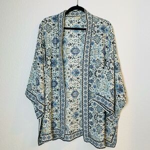 Max Studio Kimono Womens Plus Size 1X Printed Open Front Blue White Floral Flowy